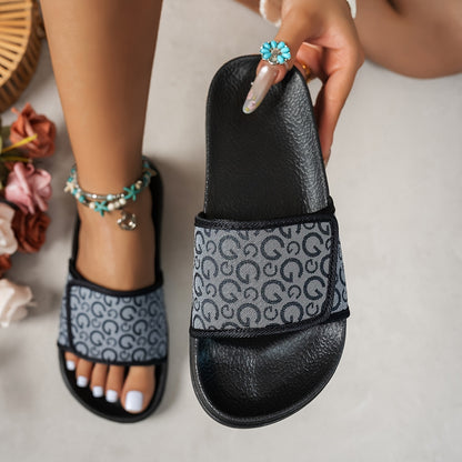 Women's White/Golden Greek Key & Letter Print Slip-On Mules - PU Cover Upper, Cushioned Insole & Arch - All-Season Casual Sandals for Beach, Weddings & Casual Attire, Comfortable Sleepers For Womens, Woman Slippers For Women,