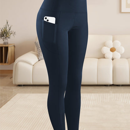 Women'S Plus Size High Waist Tummy Control Leggings with Side Pockets, 88% Polyester 12% Elastane, Knit Fabric, Stretchy Cropped Yoga Pants for Running & Fitness, All Season Solid Color Athletic Skinny Pants