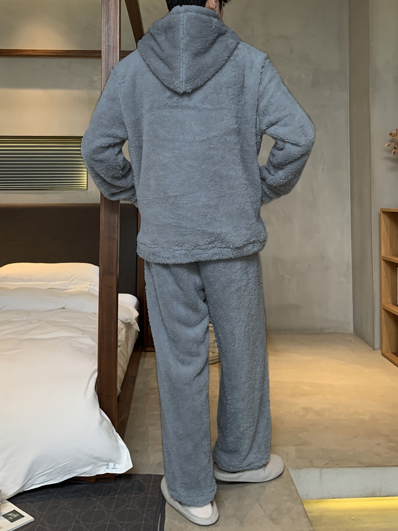 Men's Coral Velvet Pajamas Autumn and Winter Thickened Velvet Winter Hooded Flannel Warm Youth Pajama Set