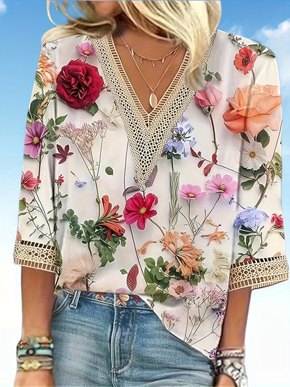 Plus Size Boho T-shirt, Women's Plus Paisley Print Contrast Lace Half Sleeve V Neck T-shirt