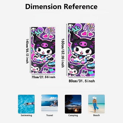 1pc Sanrio Kuromi Cartoon Beach Towel - Quick-Dry Microfiber Oversized Bath & Beach Towel with Vibrant Purple & Pink Anime Design, Hearts, Stars & Playful Phrases for Pool, Travel, Bath, Poolside Accessory, Playful Design, Qu