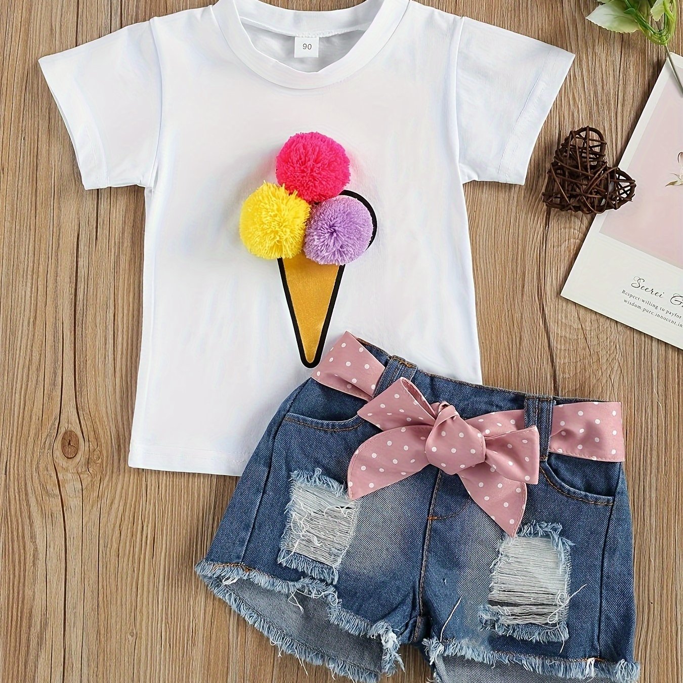Adorable Girls' Ice Cream Print Short Sleeve Tee & Ripped Denim Shorts Set with Pink Bow Accent - Stretchy, Breathable Summer Outfit for Casual Wear, Perfect for Outdoor