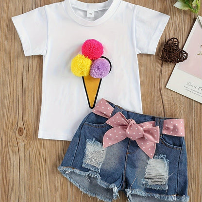 Adorable Girls' Ice Cream Print Short Sleeve Tee & Ripped Denim Shorts Set with Pink Bow Accent - Stretchy, Breathable Summer Outfit for Casual Wear, Perfect for Outdoor