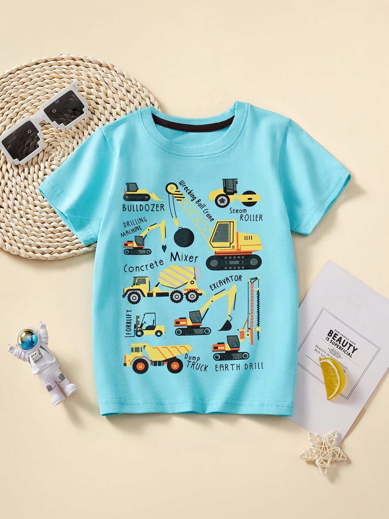 Boys' Cotton Short Sleeve T-Shirt with Cartoon Excavator Print, Breathable Summer Trend