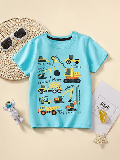 Boys' Cotton Short Sleeve T-Shirt with Cartoon Excavator Print, Breathable Summer Trend