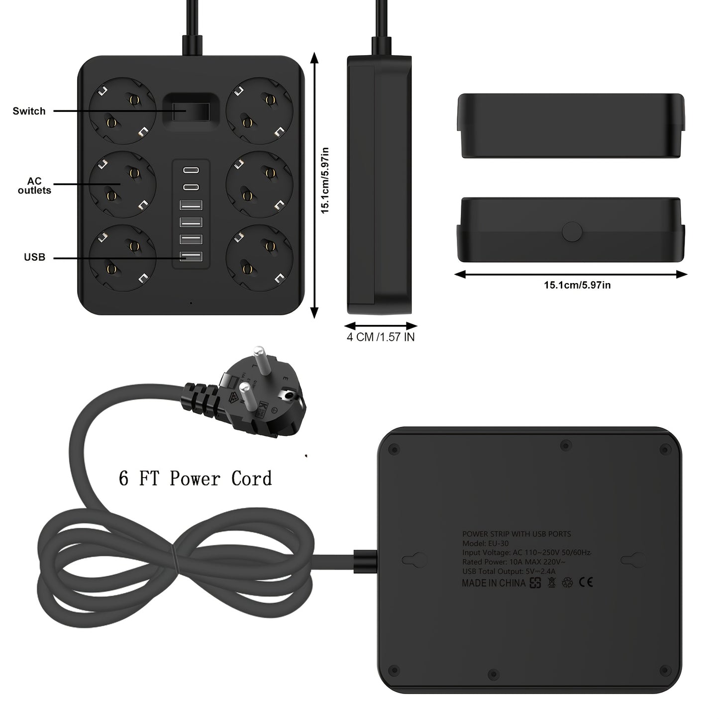 12-in-1 Power Strip with 6 Outlets and 6 USB Ports (2 USB-C) | 182.88cm Flat Plug Wall-Mounted Desktop Charging Station, Suitable for Home Office Dorm Essentials | Multi-Plug Expander