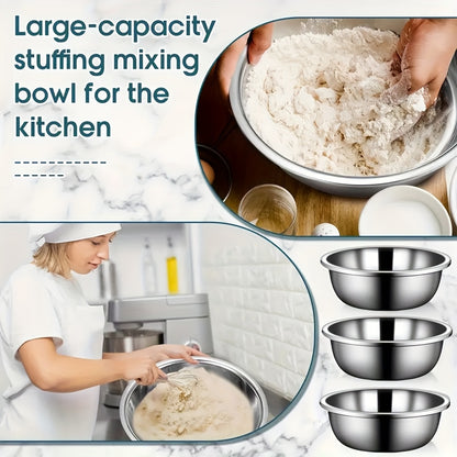 3pcs Stainless Steel Mixing Bowls, Oversized Stainless Steel Kitchen Bowls, Baking And Noodle Bowls, Mixing Salads, Washing Vegetables And Fruits, Soup Bowls, Salad Bowls, Etc. Three Sizes Suitable for a Variety of Scenarios