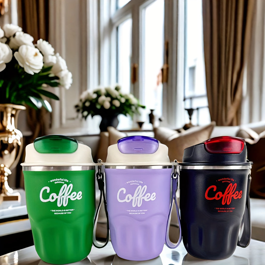 Caneca térmica elegante em aço inoxidável com pega de transporte - Portátil e resistente para aventuras ao ar livre.