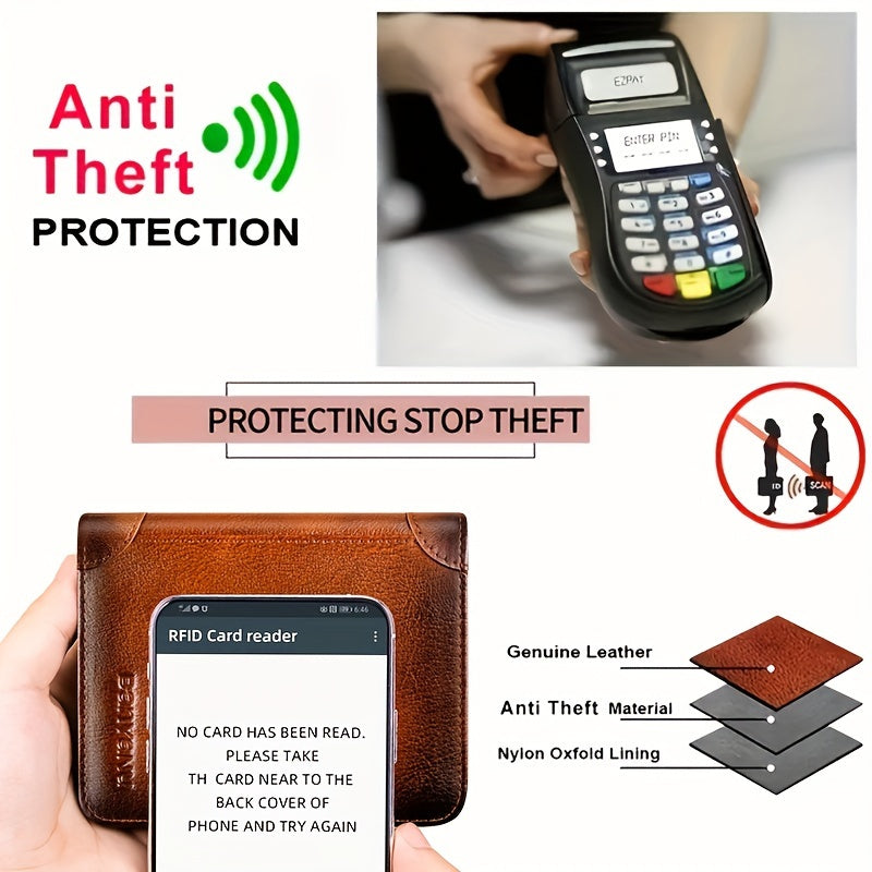 BANYANU Men'S Genuine Leather Short Wallet - Brown, Casual Style, Three-Fold Design, Multiple Card Slots, Anti-Theft Protection, Durable & Stylish for Everyday Use, Secure Card Holder | Casual Wallet | Genuine Leather Wallet