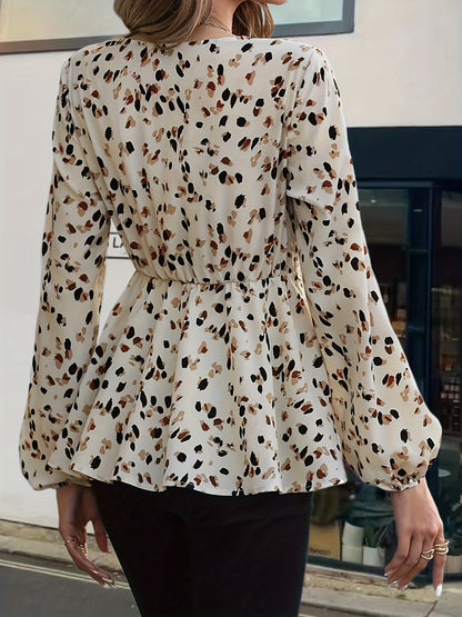 Allover Print Tie Waist Blouse, Vintage V-neck Lantern Sleeve Blouse For Spring & Fall, Women's Clothing