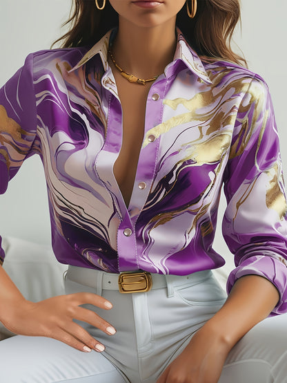 Allover Print Lapel Neck Blouse, Casual Button Front Long Sleeve Blouse For Spring & Fall, Women's Clothing