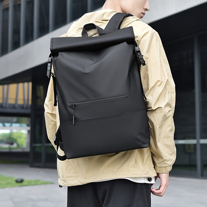 Mochila elegante com fecho de enrolar e compartimento para portátil - Tecido Oxford resistente, alças ajustáveis ​​e fecho de correr para aventuras ao ar livre.