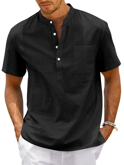 Camisa de homem, gola padre, manga curta, estilo Henley, ideal para o verão, uso casual, negócios e ocasiões formais.