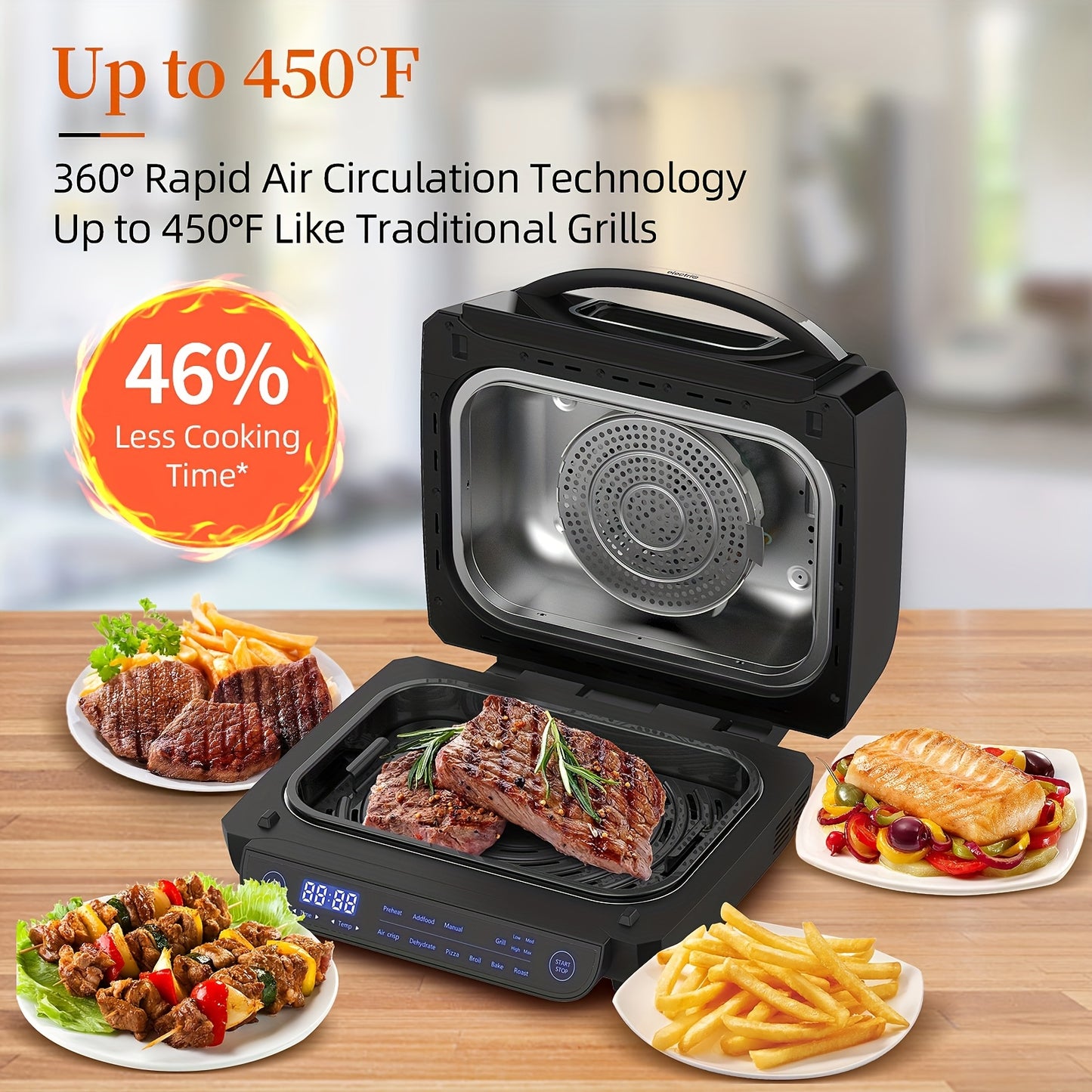 8-in-1 Grill Hot Air Fryer, 6L Capacity Airfryer, Electric Grill with Touch Control, 120-Minute Timer, 1700W, Black