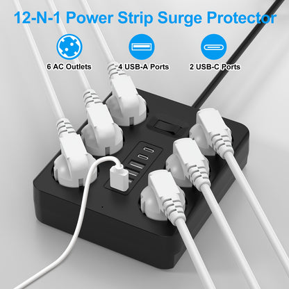 12-in-1 Power Strip with 6 Outlets and 6 USB Ports (2 USB-C) | 182.88cm Flat Plug Wall-Mounted Desktop Charging Station, Suitable for Home Office Dorm Essentials | Multi-Plug Expander