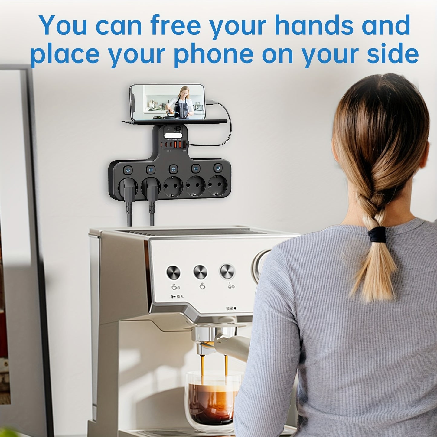 11-in-1 5 Independent Switch Power Socket EU Standard Plug Wall Socket 6 USB (3 Type-C) Solve Your Power Not Enough Trouble Independent Control Smart Sensor Night Light Can Install Mobile Phone Baffle Bracket