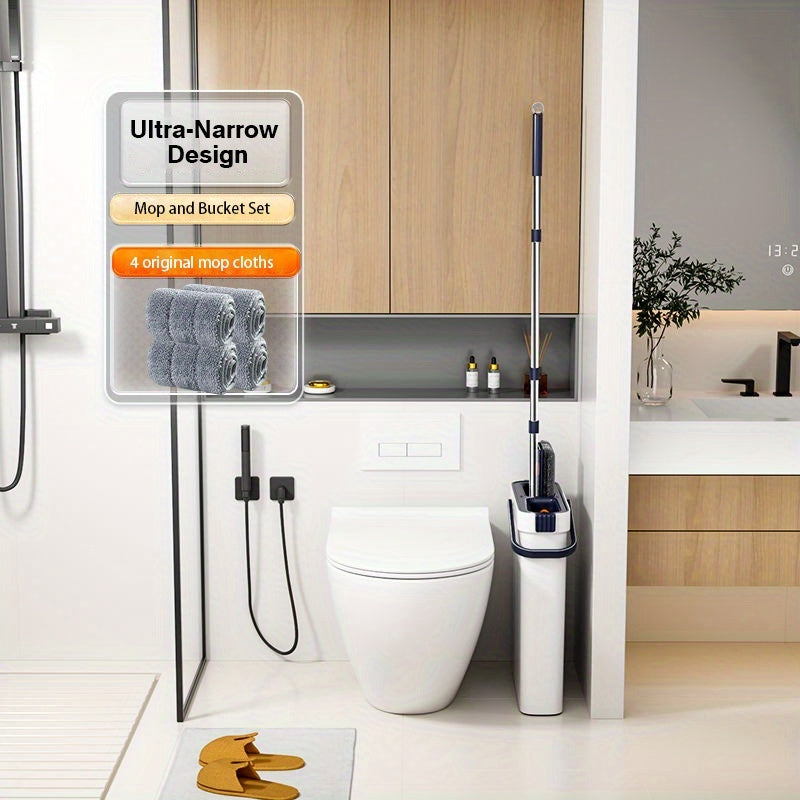 Lazy Hands-Free Flat Mop And Bucket Set with 4pcs Mop Pad- Dual-Purpose Dry And Wet Cleaning, Ideal for Bedroom, Kitchen, Living Room, Bathroom - Durable Plastic, for Household And Floor Cleaning, Tile Marble Floor Cleaning M