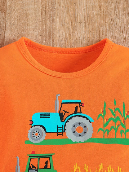 Boy's Tractors Print Casual Outfit Round Neck T-shirt & Shorts, Kids Summer Clothes Set For Daily And Outdoor Wear