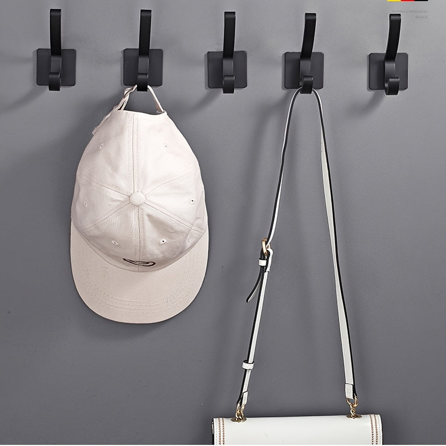 4pcs Self Adhesive Hooks - No-Drill Wall-Mounted Towel & Robe Hangers, Space-Saving Aluminum Powder-Coated Black Hooks for Bathroom, Bedroom, Kitchen - Versatile Storage for Clothes, Hats, Towels, Bathroom Organization, Sleek