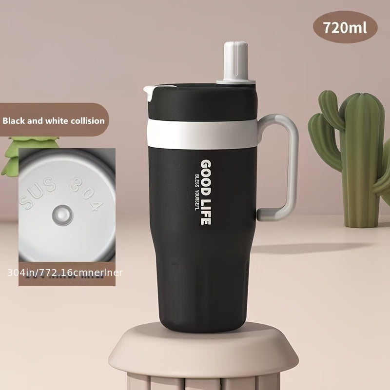 Copo térmico em aço inoxidável 304 com parede dupla e pega, capacidade de 720ml, com palhinha – Caneca desportiva portátil para viagens e atividades ao ar livre, garrafa de água essencial de alta capacidade para carro e atividades ao ar livre.