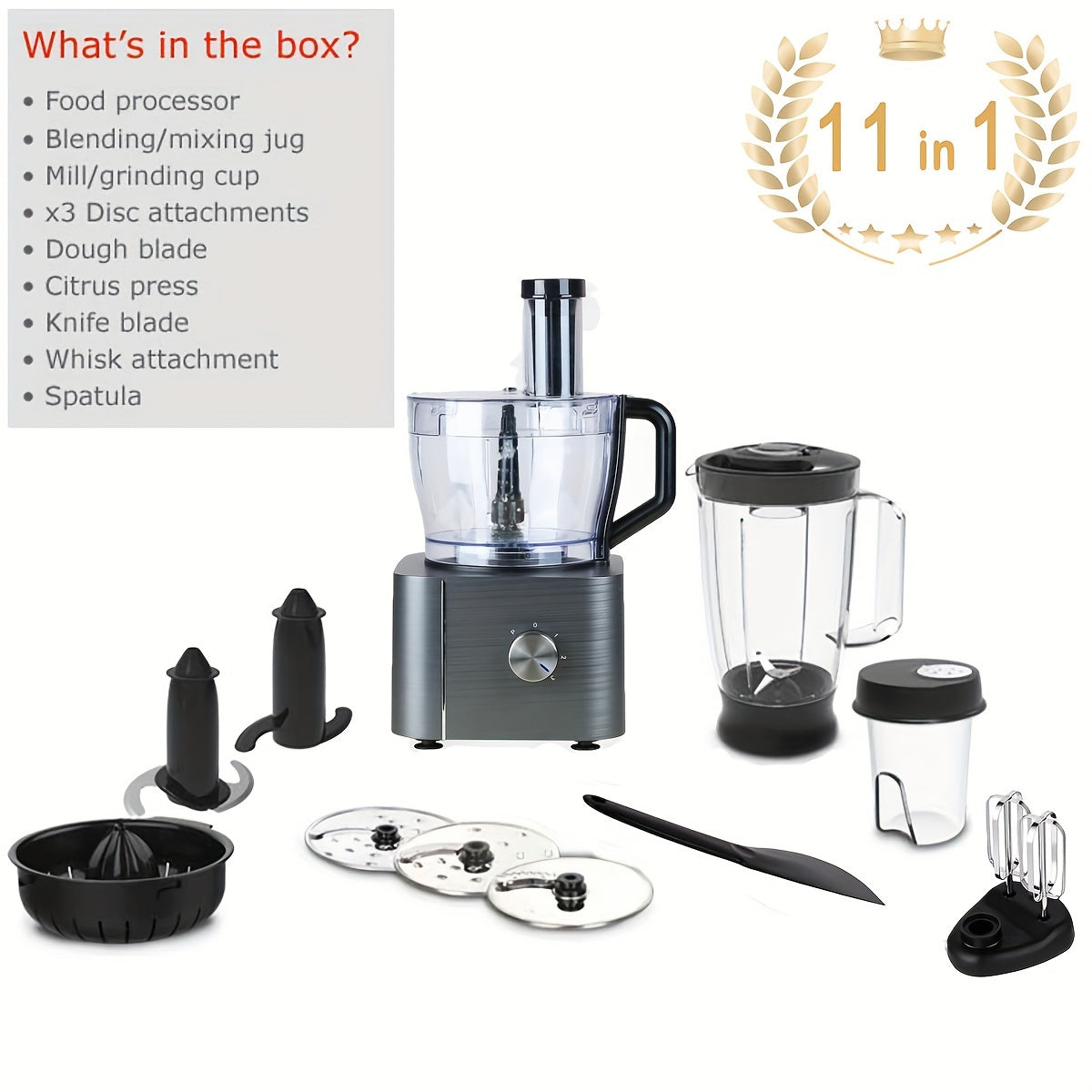 Food Processor 11-in-1 with Chopping Blending Kneading Grinding Whisking Juicing, 1100W, 3 Speeds Plus Pulse, 3.2 L Bowl and 1.5L Jug Blender