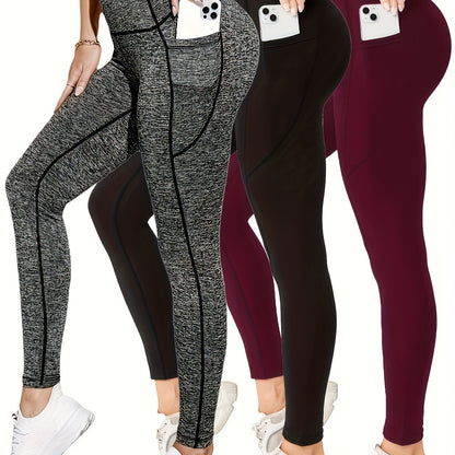 3pcs High-Waist Yoga Leggings with Pockets - Tummy Control, Slimming Effect, Stretchy & Breathable Fabric, Black/Brown/Gray, Perfect for Yoga & Casual Attire