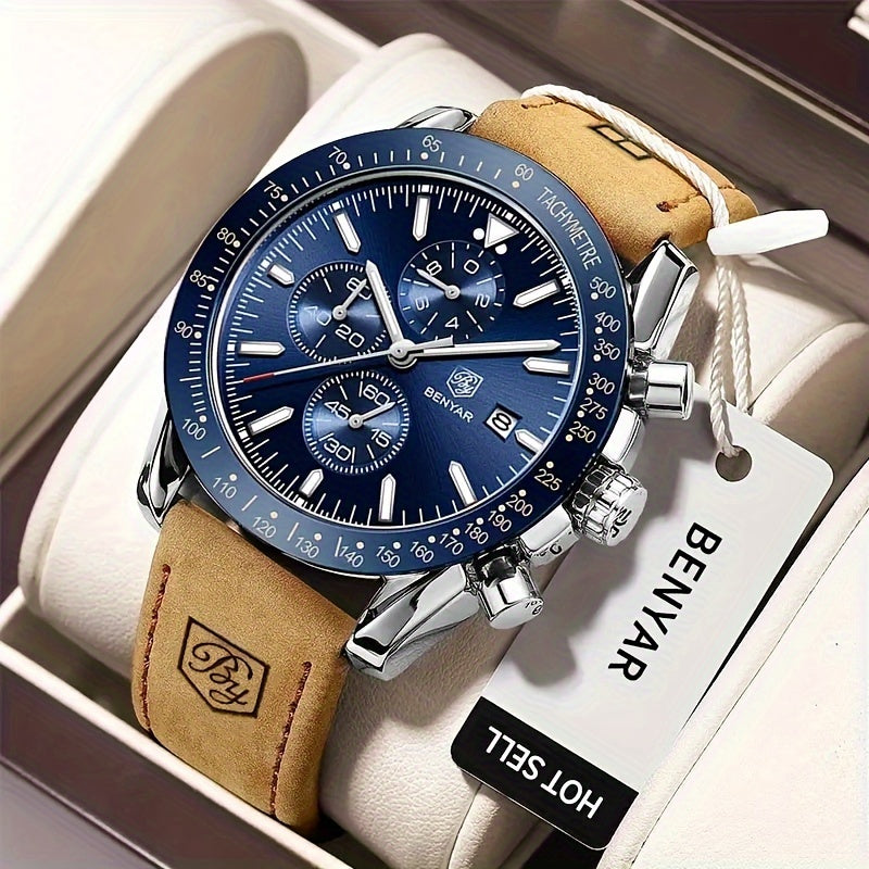 BY BENYAR Men'S Quartz Chronograph Watch - Luminous, Stainless Steel, Blue Dial with Date & Stopwatch, Faux Leather Strap, Elegant Business & Casual Style, Perfect Gift for Men, Professional Chronograph | Sleek Watch Design |