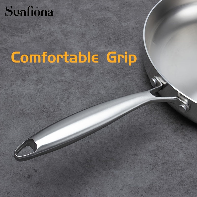 3pcs Sunfiona 316 Stainless Steel Bright Surface Frying Pan, Three-Layer Steel Material, Uncoated Frying Pan, Long-Handled Frying Pan, Wok, Suitable for A Variety Of Induction Cookers, Ovens, Fast Heating, Dishwasher Safe, Ho
