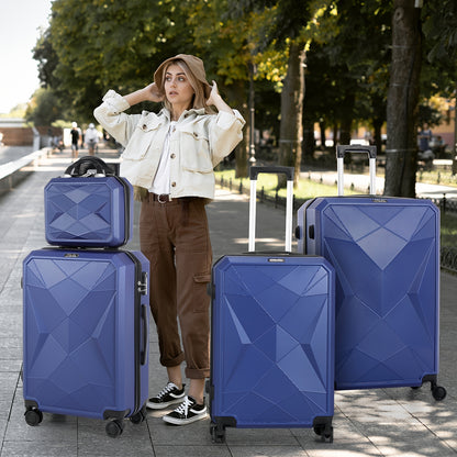 4pcs Luggage Set (12"/20"/24"/28") - Durable ABS Hard Shell Suitcases with Silent Spinner Wheels, Secure Key Lock & Digital Scale - Navy Blue/Dark Gray Travel Set, Telescopic Aluminum Handle & Multi-Directional Wheels for Car