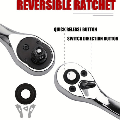 Kit de ferramentas para reparação de automóveis com 46 peças, conjunto de chaves de roquete de 1/4" com conjunto versátil de chaves de caixa e extensão, kit de ferramentas combinado para reparação de automóveis, motos e bicicletas.