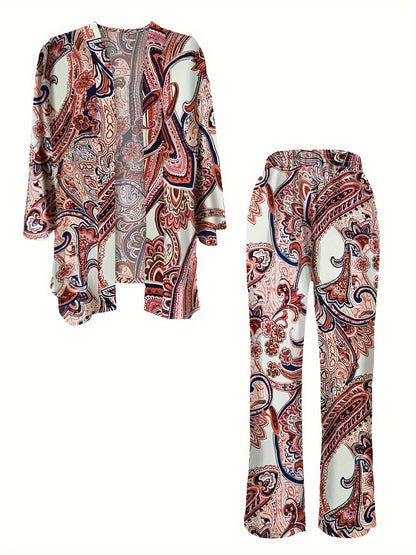 Boho Paisley Print Pants Set, Button Front Long Sleeve Blouse & Straight Leg Pants Outfits, Women's Clothing