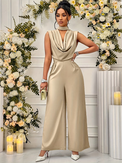 Women's Elegant High-Waisted Sleeveless Wide-Leg Jumpsuit - Beige Stand Collar Non-Stretch Machine Washable All-Season Versatile Outfit for Casual & Formal Events (NS702), Event Clothing | Sophisticated Style | Sophisticated