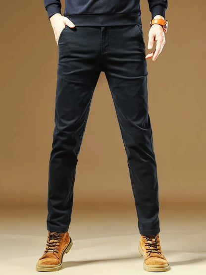 Men's Solid Navy Blue Straight-Leg Dress Pants - All-Season Full-Length Formal & Business Casual Trousers with Zipper Closure, Machine Washable, Durable Comfort Fit for Office, Semi-Formal & Casual Attire - Versatile Solid Co