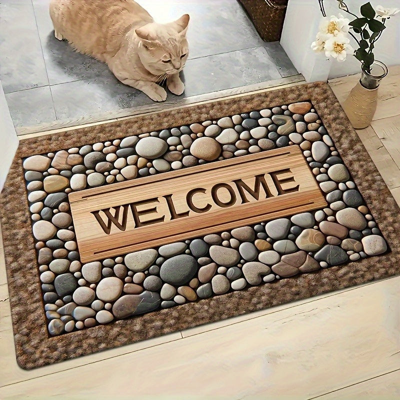 2D Welcome Home Non-Slip Door Mat - Durable, Machine Washable Mat with Stone Pattern &amp; Wood Texture Design - Perfect for Farmhouse Decor, All-Season Use, Polyester Material, Welcoming Entrance Mat | Natural Look Rug | Wooden