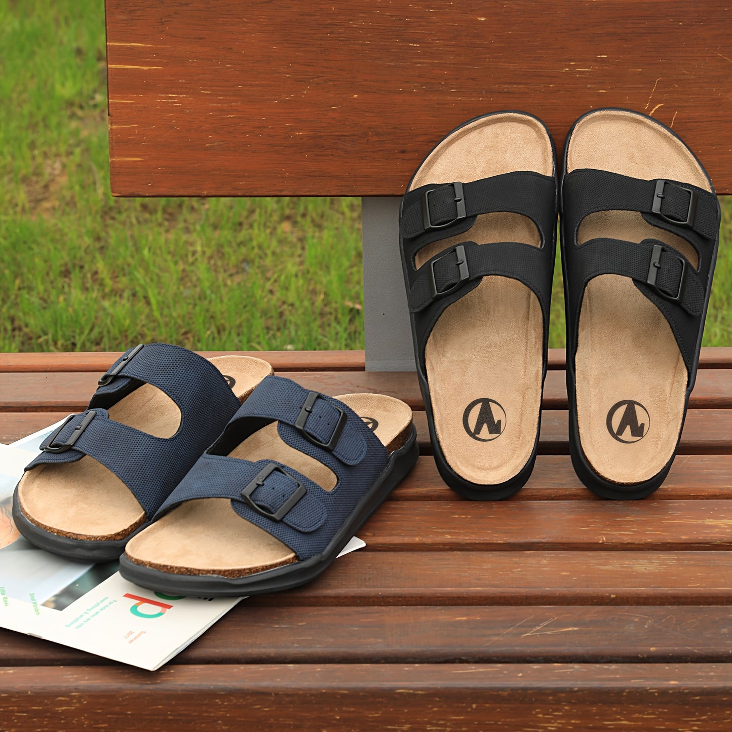 Men's Trendy Open Toe Breathable Slippers With Double Buckle Straps, Comfy Non Slip Casual Slides, Men's Summer Walking Shoes