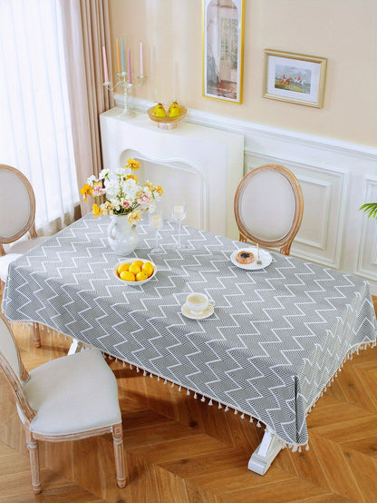 1pc, Bohemian Geometric Wave Pattern Tablecloth - European Style Cotton and Linen Rectangular Tablecloth for Farmhouse, Restaurant, Picnic, Camping, Birthday Party Decoration and Home Decor