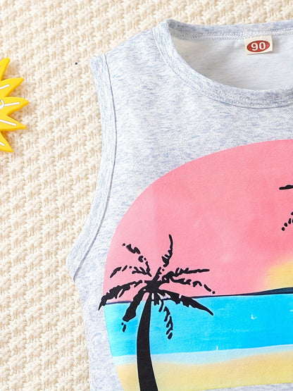Boy's Coconut Trees Casual Outfit Round Neck Tank Top & Shorts Comfortable Breathable For Summer Kids Clothes Sets, Ideal For Daily & Outdoor Wear
