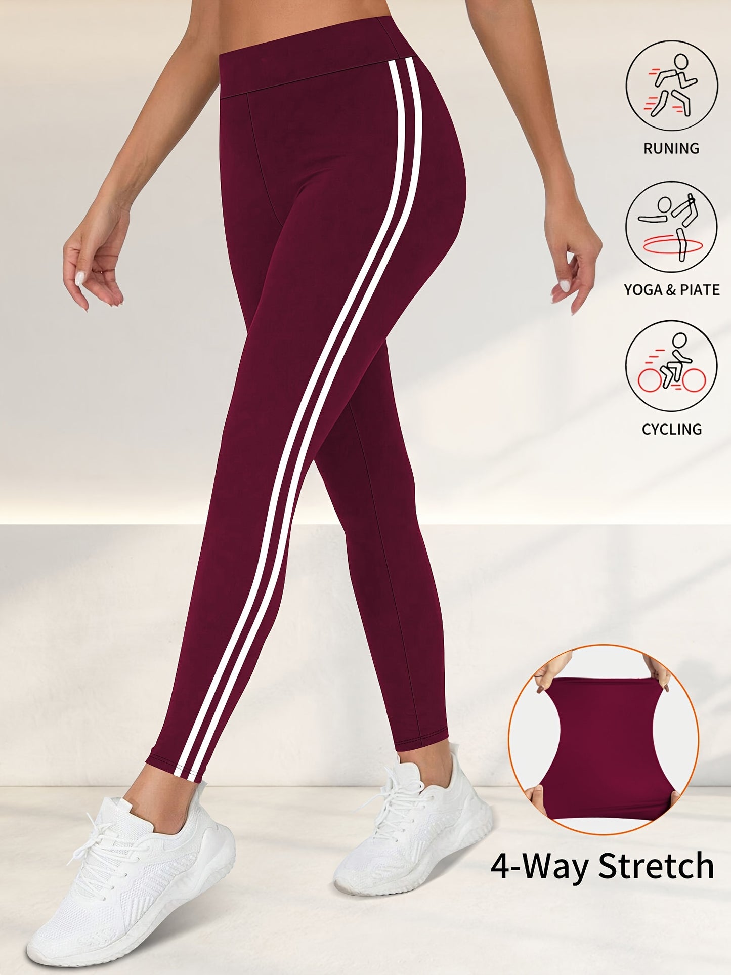 Women'S High-Waisted Black Side Stripe Leggings - Compression Fit, 4-Way Stretch, Crop Length, Sports Pants for Fitness and Casual Wear, Athletic Wear|Side Stripe Leggings|Compression Fit Leggings