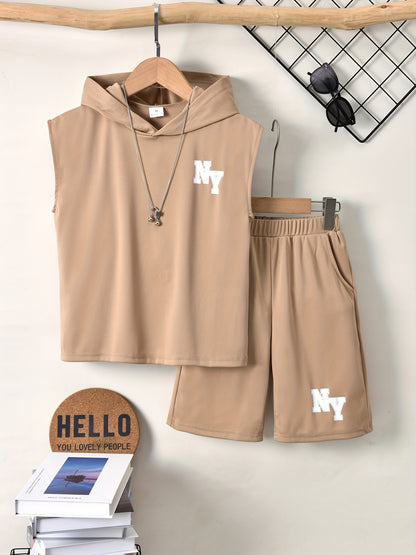 Cool Short-Sleeve T-Shirt with Letter Print And Shorts Set for Boys, for Outdoor