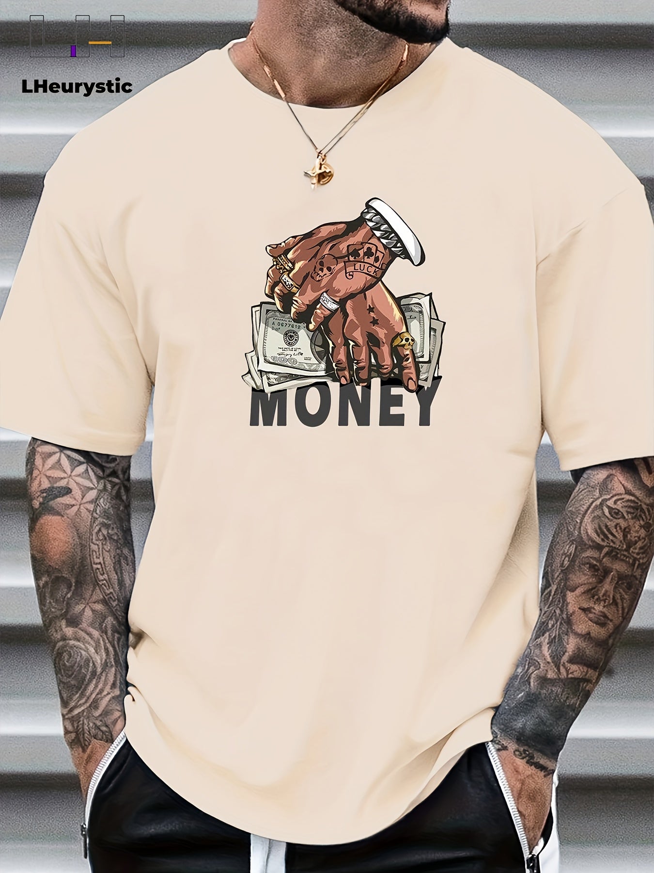 T-shirt de gola redonda para homem com estampado de dinheiro e mãos em estilo cartoon, t-shirt casual e confortável para o verão, ideal para usar no dia a dia em resorts e férias.