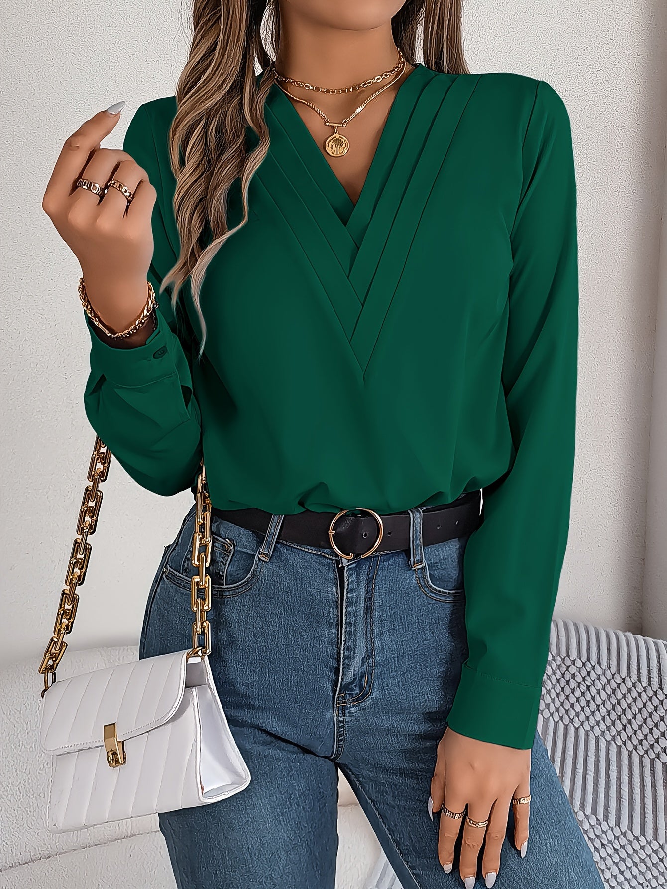 Women'S Elegant V-Neck Long Sleeve Shirt, Solid Color Polyester Blouse with Triple V-Cut, 95% Polyester 5% Elastane, Woven Fabric, 120g/m², for Spring/Summer/Fall - Adult