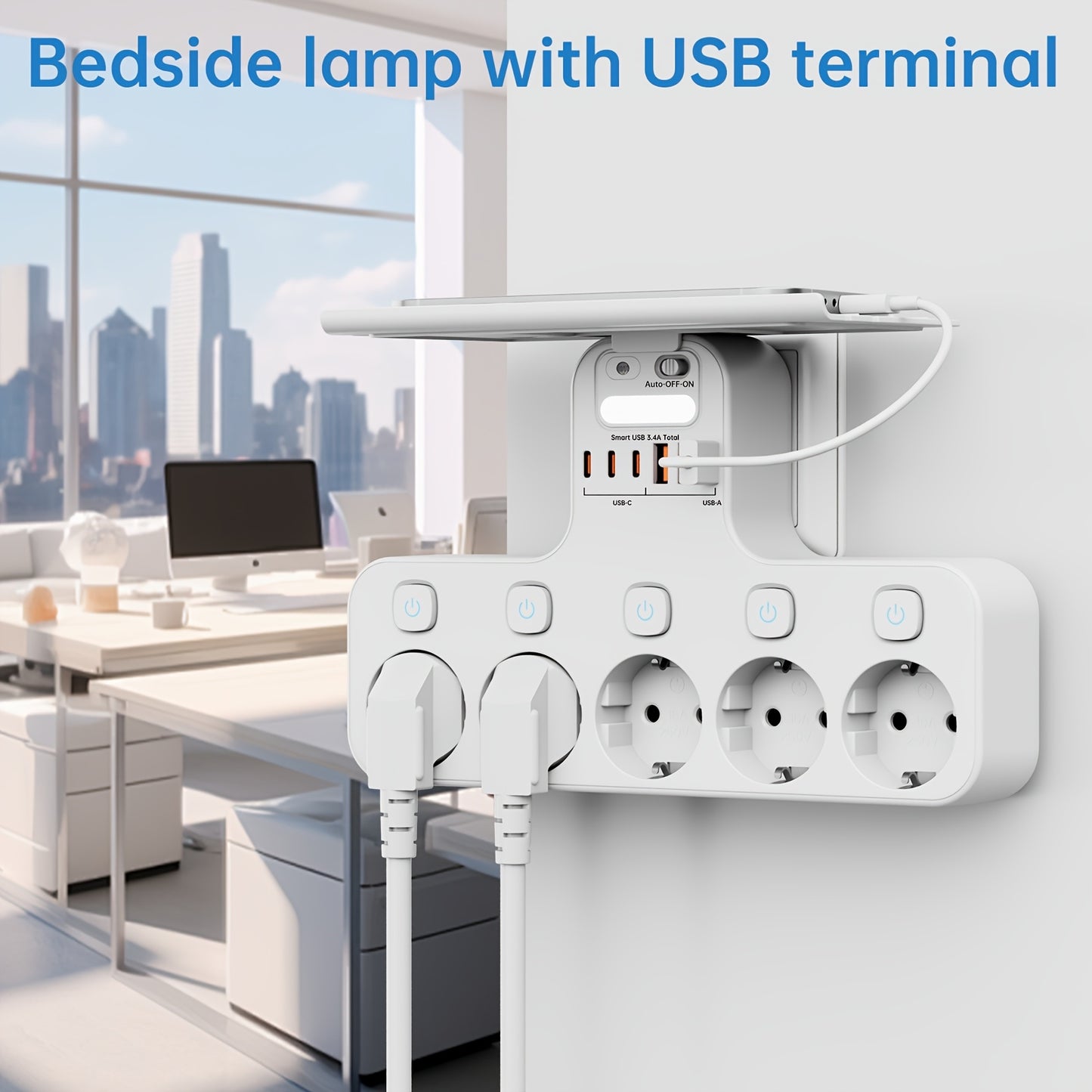 European 5-Pin Socket Extension with 3 USB-A and 3 USB-C Ports, Overload Protection, Smart Light Sensor, 4000W, 16A, Ideal for Home, Outdoor, and Office Use, Outdoor Power Supply, Modern Power Outlet, Durable Power Outlet