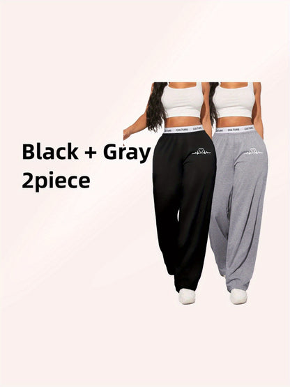 2pcs Women'S High-Waisted Wide-Leg Pants with Heart Letter Print - Casual Loose-Fit Joggers, Solid Color, All-Season Comfort, Pockets, Versatile for Casual Attire