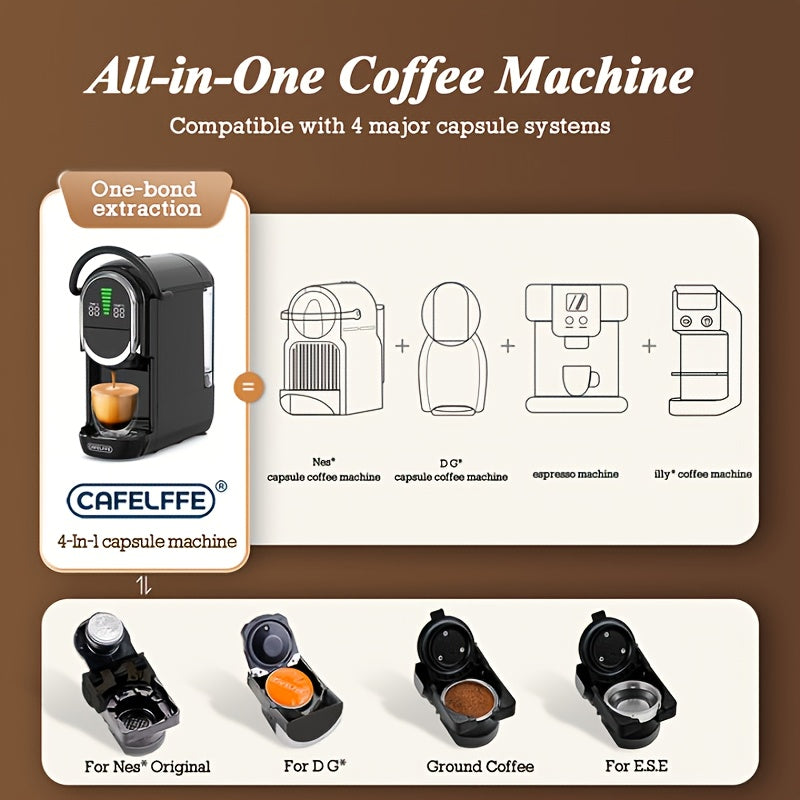 CAFELFFE 4-in-1 Capsule Coffee maker, Automatic Coffee Machine with hot & cold extraction, visual LCD panel, 7-level water adjustment. Compatible with DG/Nes Original/ground coffee/ese Pod, 19Bar. Suitable for home/office, pe