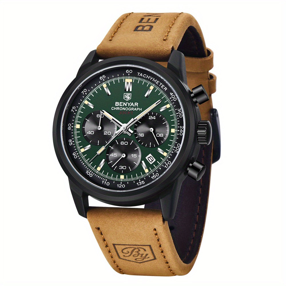 BENYAR Top Brand Men's Watches Sport For Men Multifunction Chronograph Black Fashion Quartz Wristwatches Calendar With Leather Strap