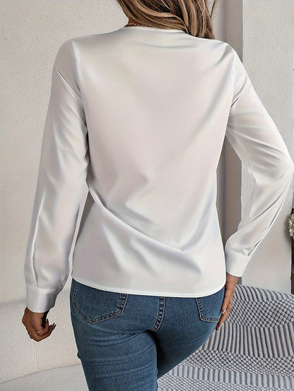 Women'S Elegant V-Neck Long Sleeve Shirt, Solid Color Polyester Blouse with Triple V-Cut, 95% Polyester 5% Elastane, Woven Fabric, 120g/m², for Spring/Summer/Fall - Adult
