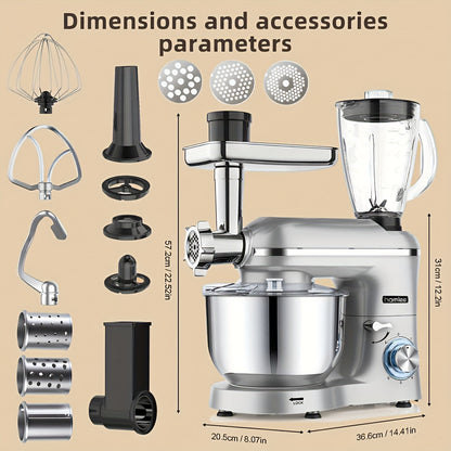 Homlee 6 in 1 Multifunctional Stand Mixer with 5.5L Stainless Steel Bowl, 2000W 6 Speed Tilt-Head Meat Grinder, Juice Blender with 1.5L Glass Jar, Multi-Functional Food Processor, Commercial Mixers for Most Home Cooks Beater