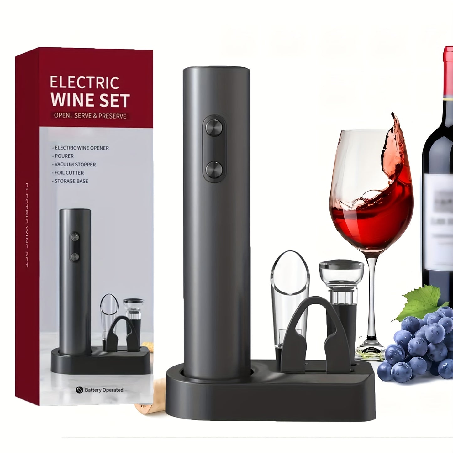 Electric Wine Opener - Single or 5-piece set with vacuum sealer and pourer, automatic brush bar tool kit for home, party, gifts.