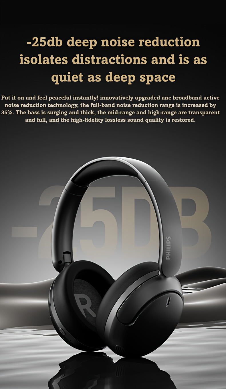 For Philips Wireless Over-Ear Headphones with ANC Noise Cancelling, 35-Hour Playtime, Foldable & Lightweight BT 5.4, USB-C Charging, High-Resolution Audio, Microphone, Heavy Bass - Ideal For Travel, Office, Mobile Phone, Comp