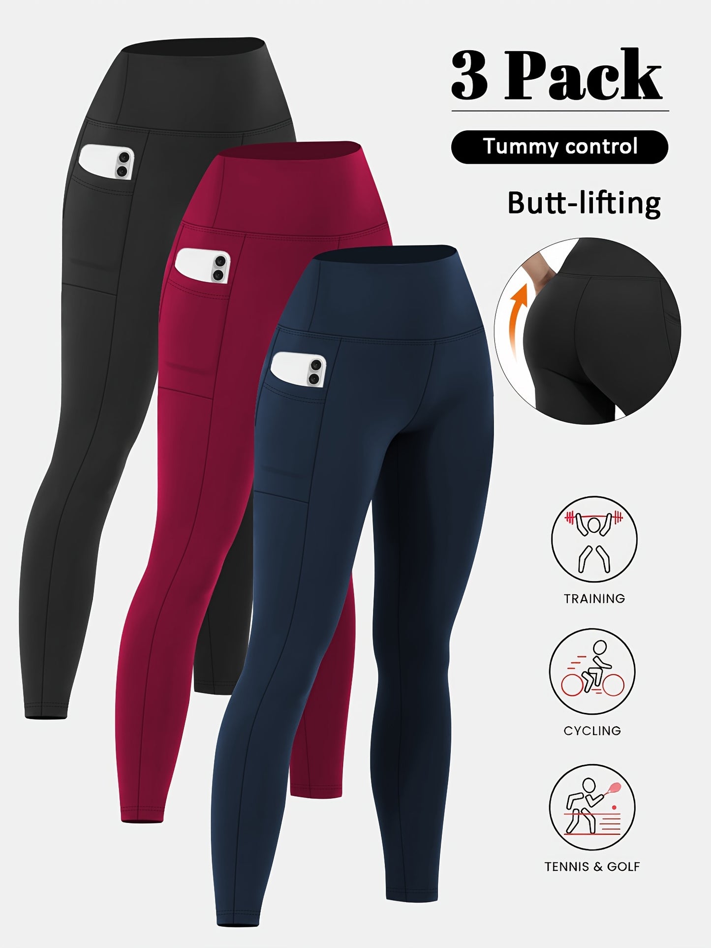 3pcs Set Women's High-Waisted Tummy Control Yoga Leggings - Full-Length Opaque Workout Pants with Pockets, 4-Way Stretch Soft Athletic Gym Pants for Running, Fitness, Yoga & Casual Attire - All-Season Tight Bodycon Leggings (